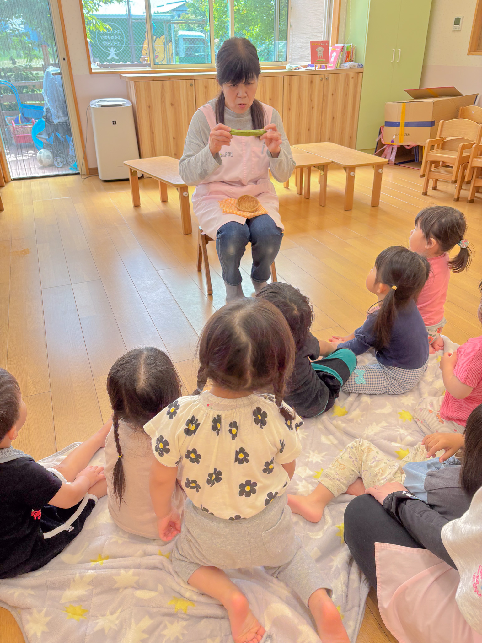 絵本を見ながらそらまめを観察する様子